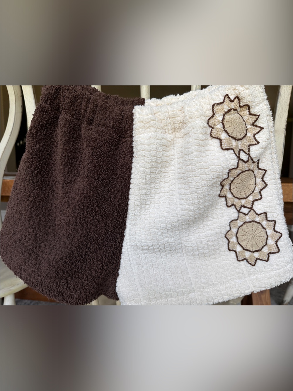 Two-Tone Brown and Cream Terry Surf Shorts with Embroidered Detail - Picture 2 of 3